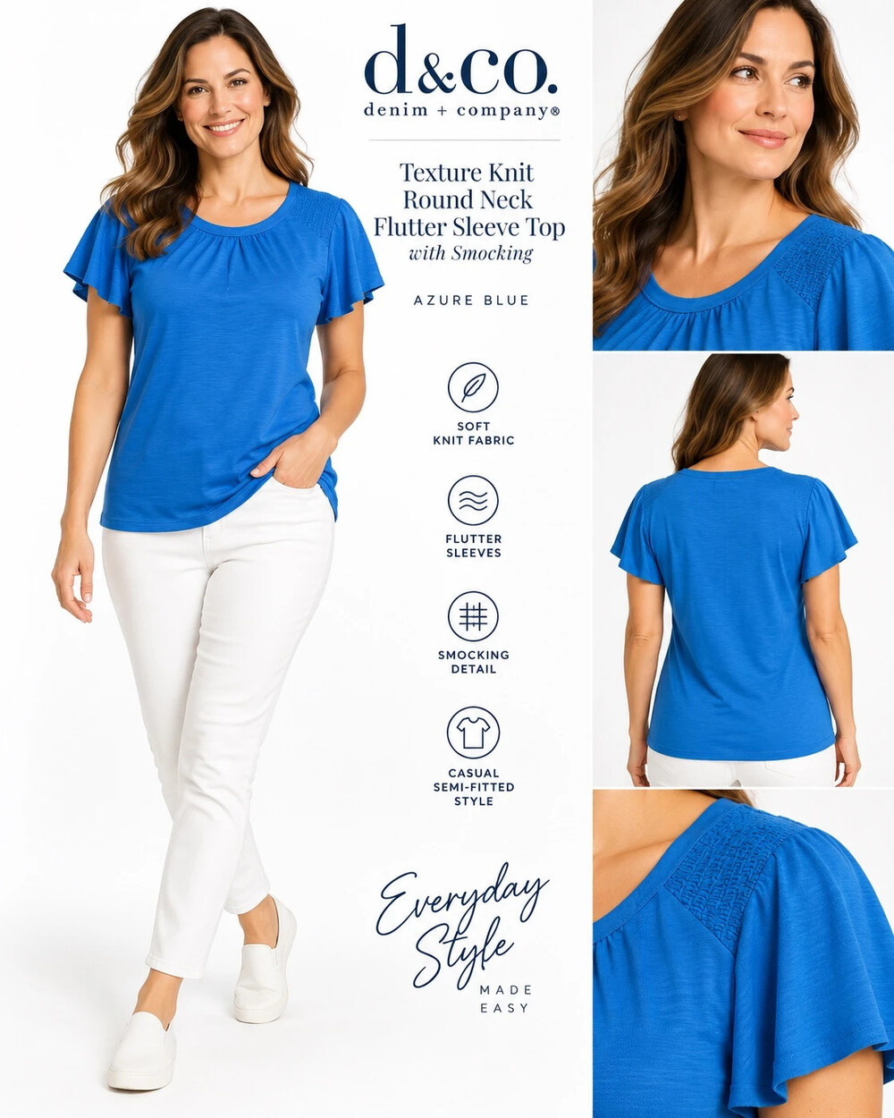 denim & co texture knit round neck flutter sleeve top azure blue size s